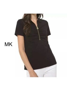 Michael kors Black Gold ZipperWomen's Polo Tee Shirt Top Size Small Petite NWT